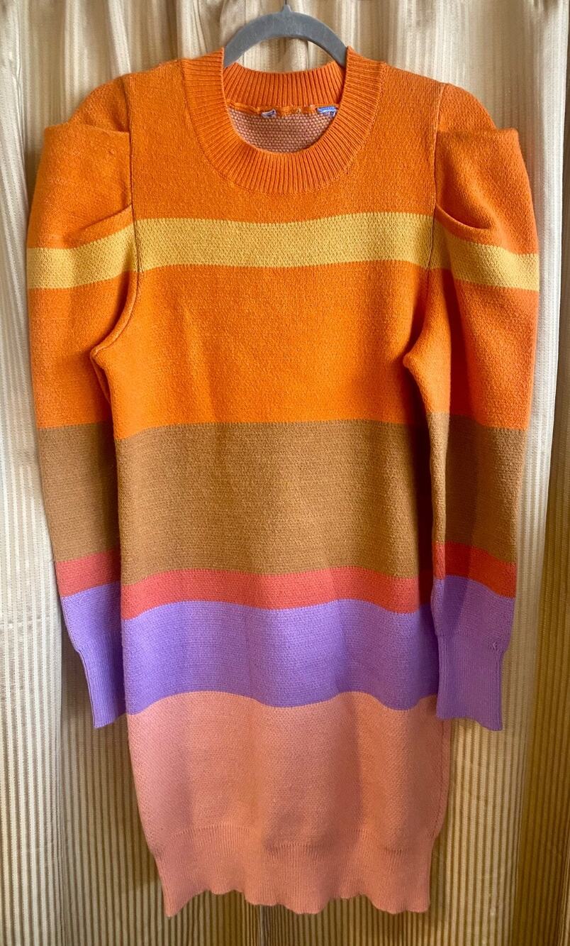 Anthropologie Farm Rio Sweater Dress Stripe Puff Sleeve Colorblock S/M